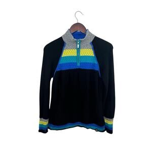 Neve Wool Sweater 1/4 Zip Black Multicolor Large Ski Stripes Preppy Mock Neck